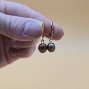 Gold Over Sterling Silver Genuine Brown Pearl Dangle Earrings A5635